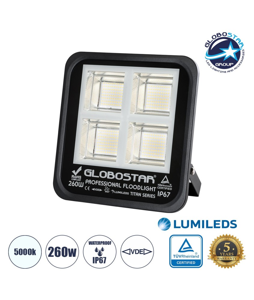 GLOBOSTAR® TITAN 61434 Προβολέας για Γήπεδα Tennis & Ποδοσφαίρου 5x5 LED 260W 32500lm 60°x90° AC 220-240V Αδιάβροχο IP67 Φυσικό Λευκό 5000K - Lumileds SMD Chip - TÜV Rheinland Certified - Μαύρο Ματ - Μ30 x Π8 x Υ28cm - 5 Χρόνια Εγγύηση